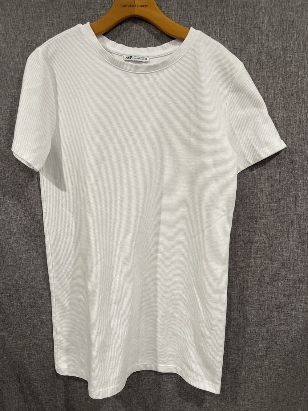 Zara Women M White T Shirt Dress Crew Neck Short Sleeve Beach Coast Preppy Basic